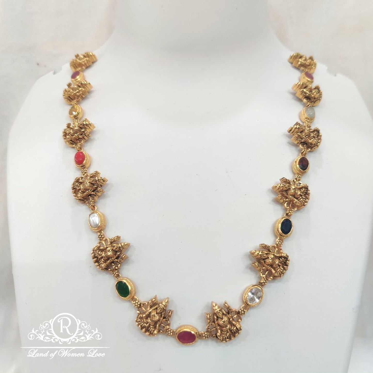 necklace silver navaratna stones design lakshmi devi necklace-m357 navaratna 92.5 silver ramala jewelry / ramala collections