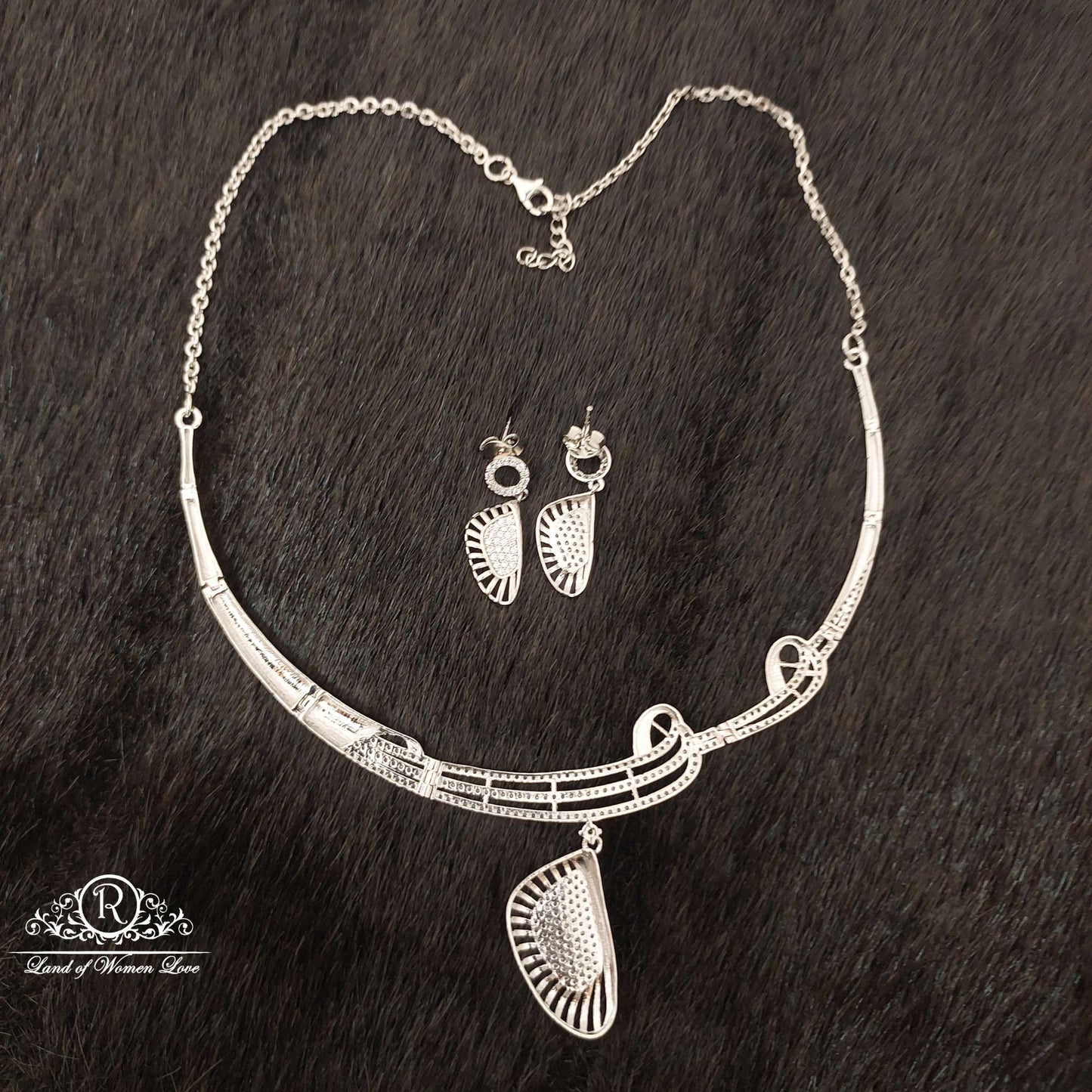 Silver Platinum Polish Earrings With Necklace-SS54