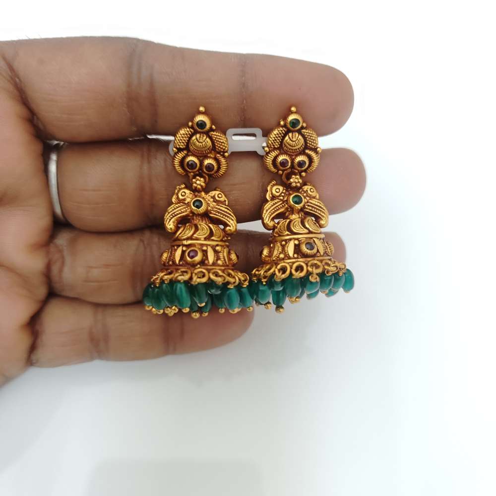 Green Beads Hanging Model Silver jhumkas Design-RCJR608
