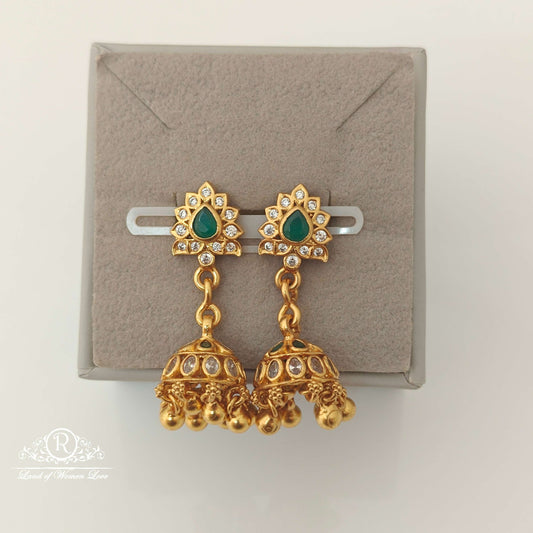 Silver White & Green Stones Design jhumkas-RCCP129