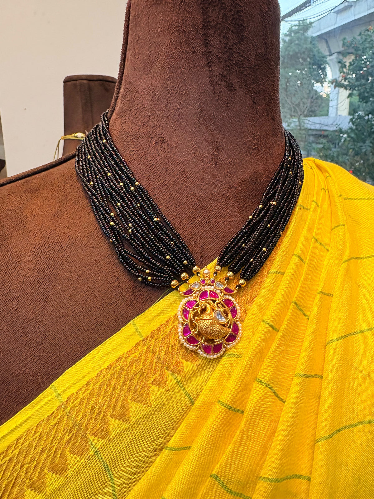 92.5 Silver Peacock Desgin Kundan Locket with black beads -RCAA12