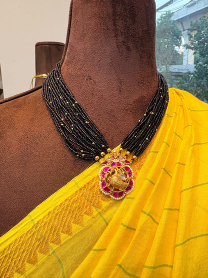 92.5 Silver Peacock Desgin Kundan Locket with black beads -RCAA12