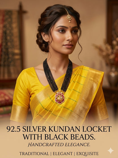 92.5 Silver Peacock Desgin Kundan Locket with black beads -RCAA12