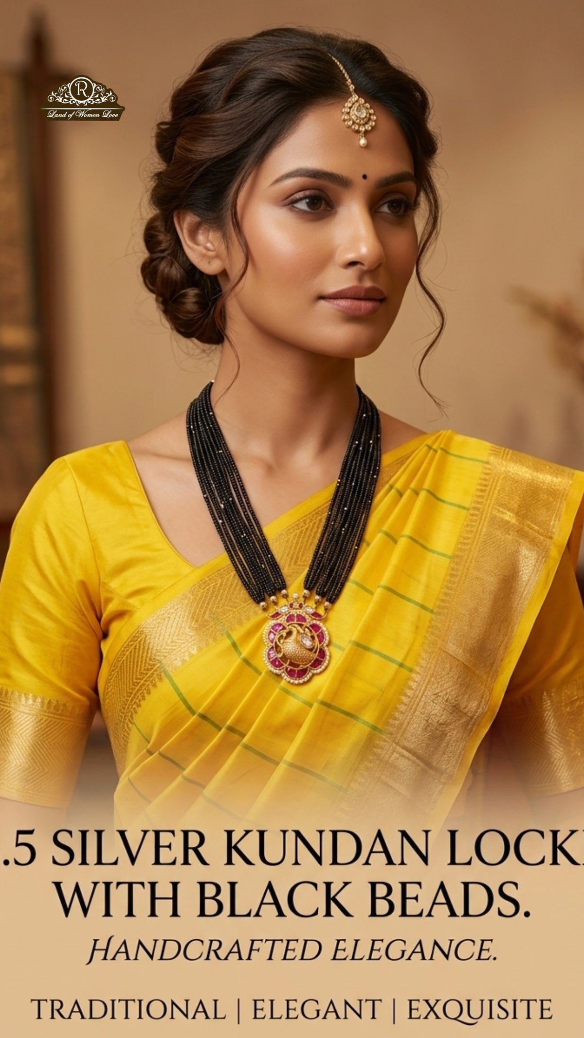 92.5 Silver Peacock Desgin Kundan Locket with black beads -RCAA12