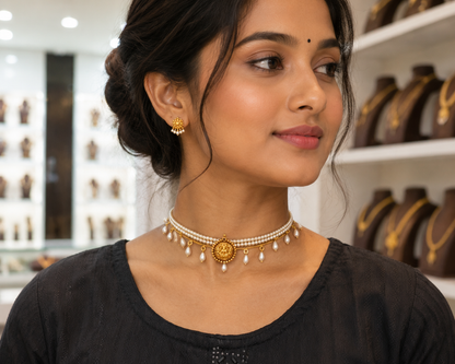 92.5 Silver Pearl Chocker with middle Lakshmi Pendant-RCH1246