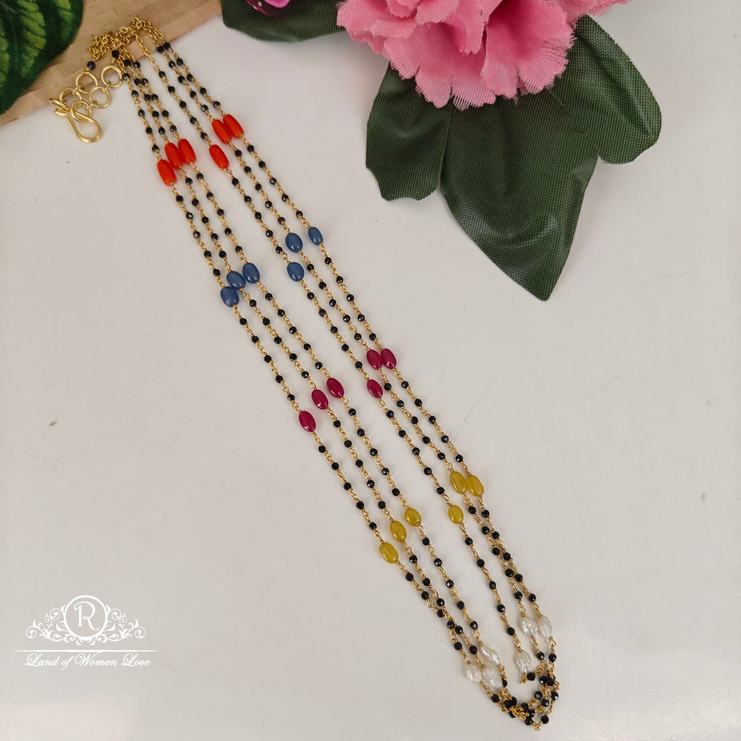 92.5-SILVER NAVARATNA BLACK BEADS CHAIN-RCNJ050