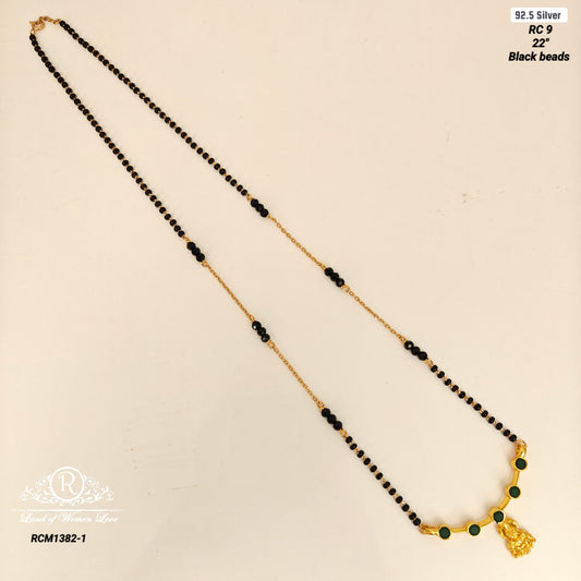 92.5 silver black beads with Lakshmi Devi design mala locket-RCM1382-1