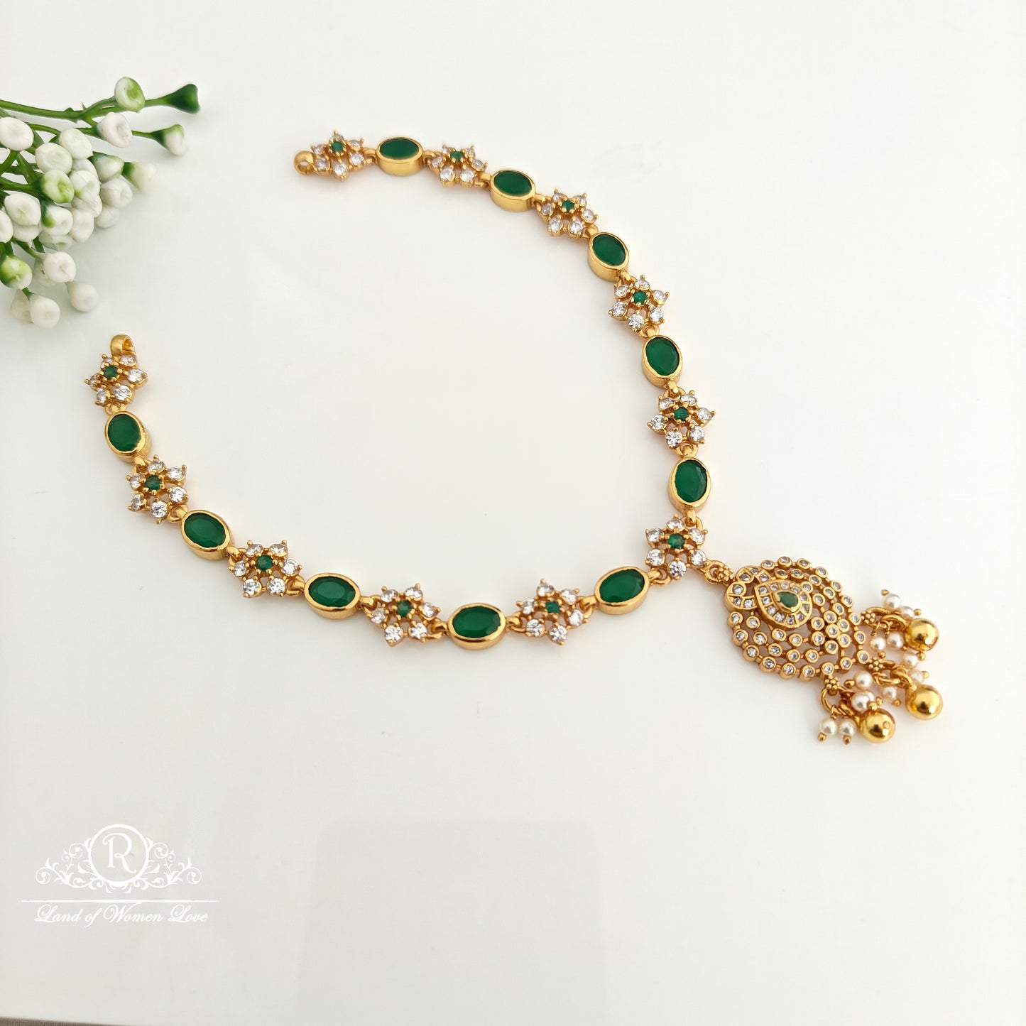 92.5 Silver Green Stone Necklace -RCR124