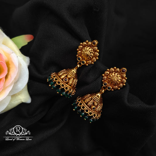 92.5 silver earrings with  nakshi finishing and green beads hangings-RCP236