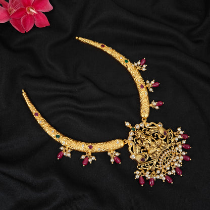 92.5 silver Lakshmi Devi design kante with ruby and pearls hangings-RCJR1153
