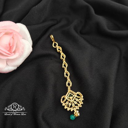 92.5 Silver diamond finishing tikka with green stone and beads hanging -RCR113
