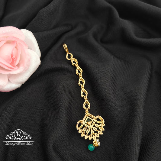 92.5 Silver diamond finishing tikka with green stone and beads hanging -RCR113