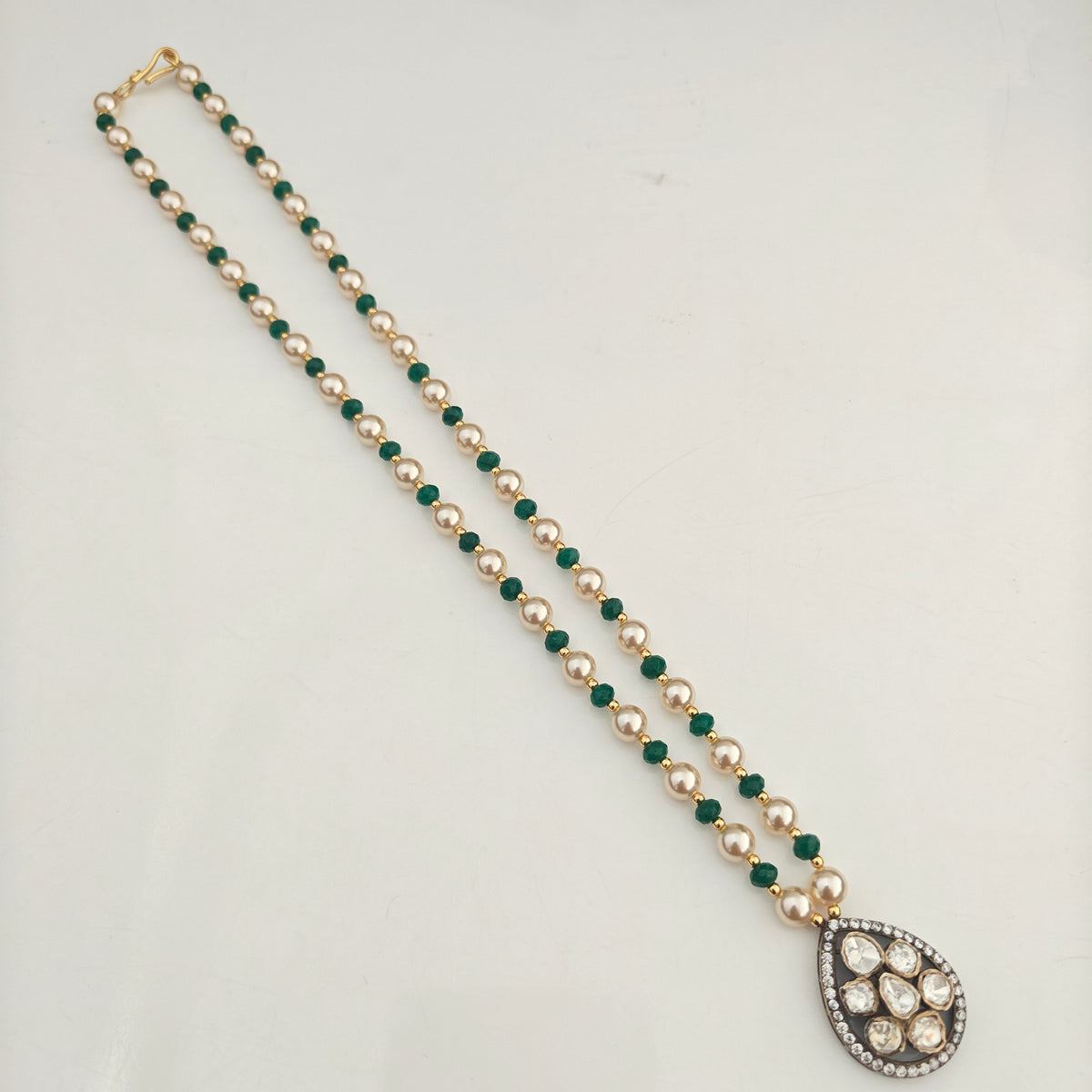 92.5 Silver with gold polish mossanite locket with pearls and emerald beads mala -RCH1368