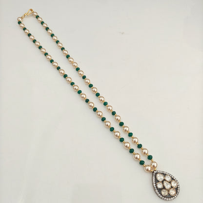 92.5 Silver with gold polish mossanite locket with pearls and emerald beads mala -RCH1368
