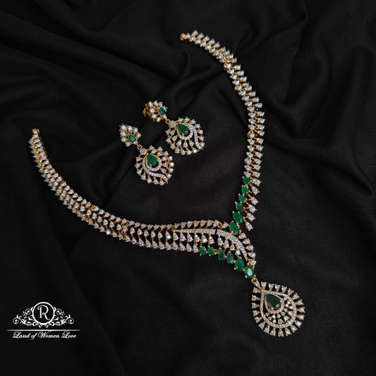 92.5-SILVER DIAMOND FINISHING NECKLACE WITH EARRINGS-RCZ1087