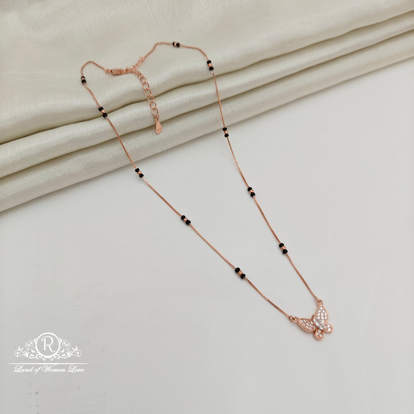 92.5 Silver Rose Gold Polish  Black Beads Chain-RCSS001