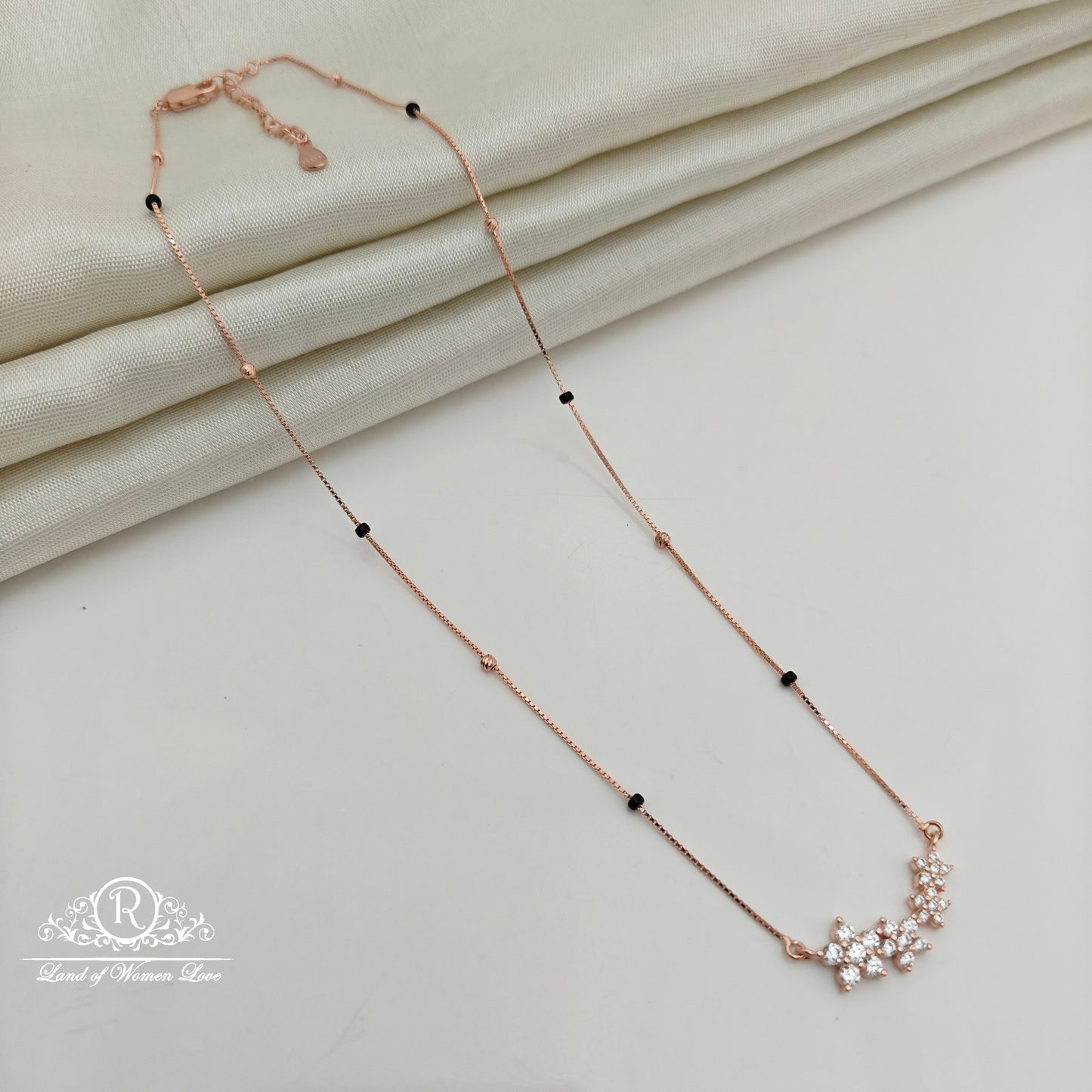 92.5 Silver Rose Gold Polish  Black Beads Chain-RCSS007
