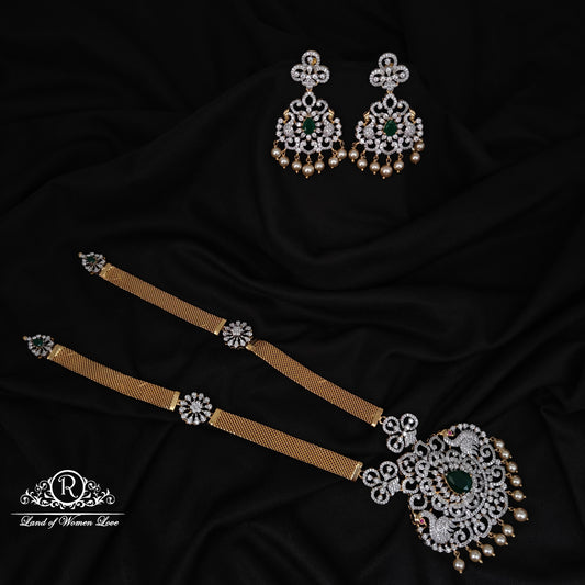 92.5 SILVER DIAMOND FINISHING HARAM WITH EARRINGS-RCHD109