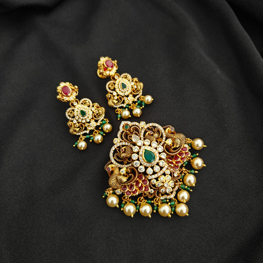 92.5 silver  pachi work peacock design pendant with earrings set-RCMB060