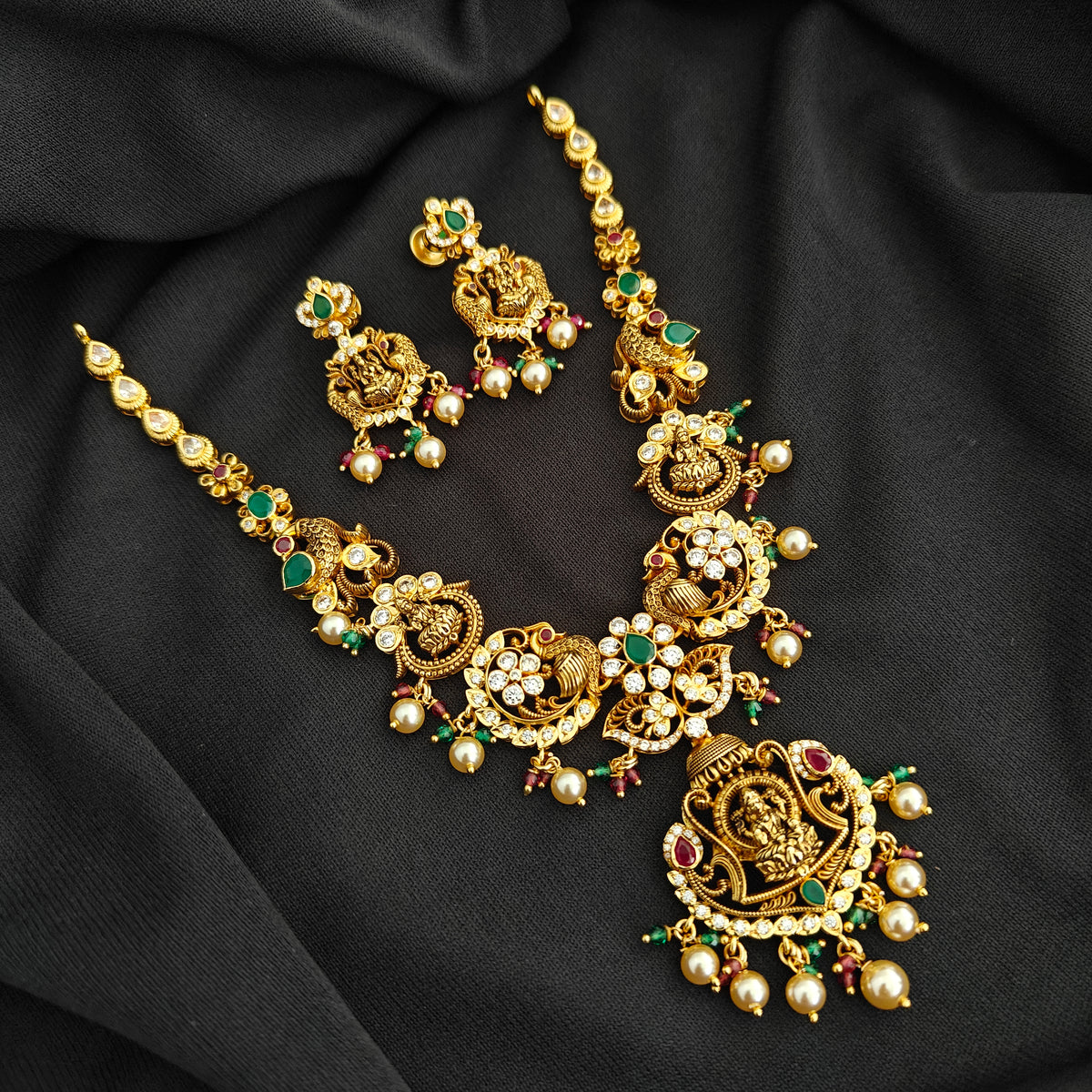 92.5 silver  pachi work peacock and Lakshmi Devi design necklace with earrings set-RCMB058