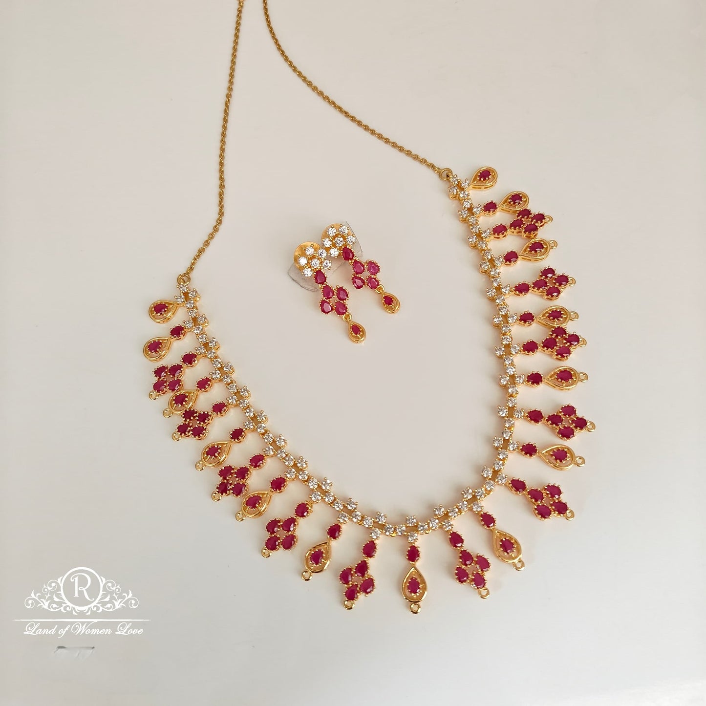 92.5 SILVER RUBY NECKLACE WITH EARRINGS SET-RCP183-1
