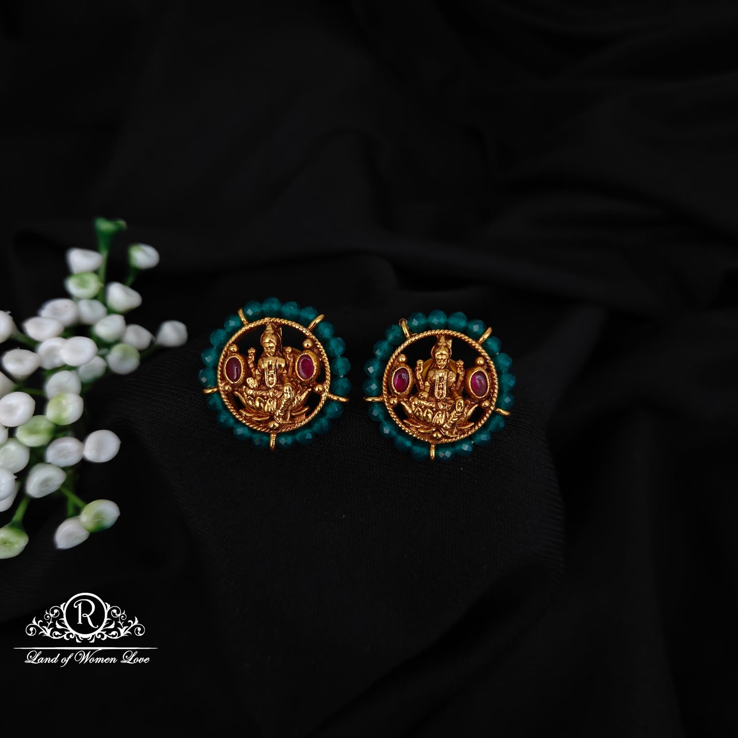 92.5 SILVER GREEN BEADS WITH LAKSHMI DEVI ROUND STUDS-RCJR1091