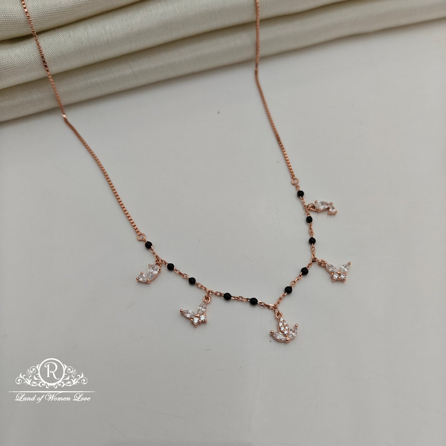 92.5 Silver Rose Gold Polish  Black Beads Chain With Earrings-RCSS010