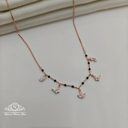 92.5 Silver Rose Gold Polish  Black Beads Chain With Earrings-RCSS010