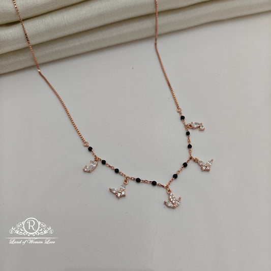 92.5 Silver Rose Gold Polish  Black Beads Chain With Earrings-RCSS010