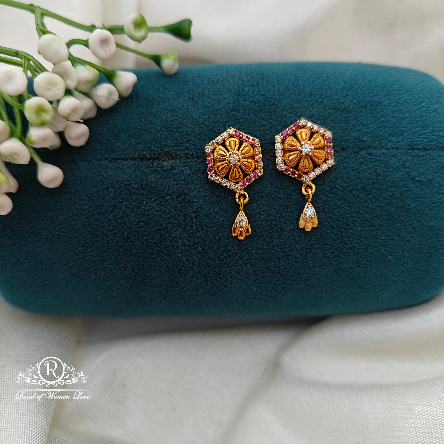 92.5 Silver Small Flower Desgin  Stone  Earrings-RCR057