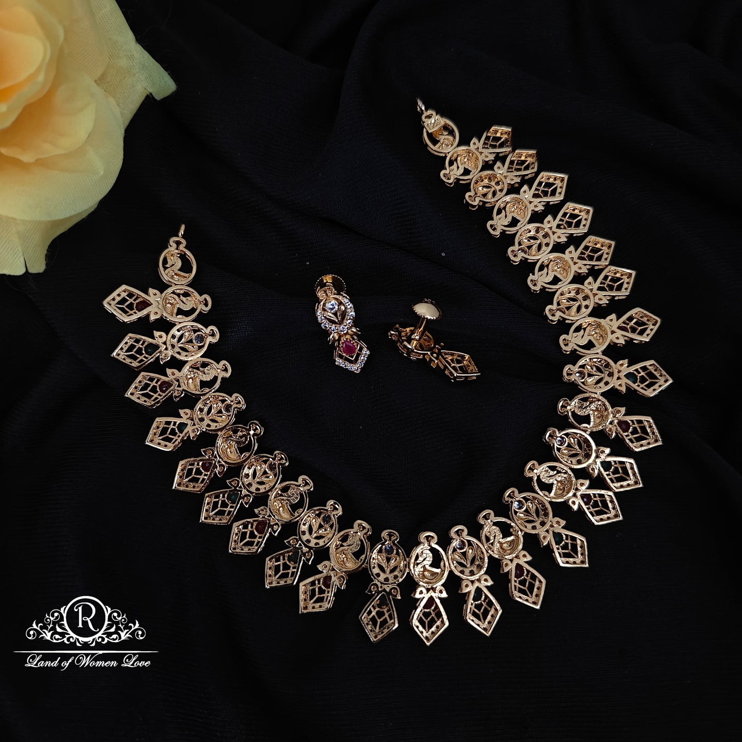 92.5 SILVER CZ PEACOCK DESGIN NECKLACE WITH EARRINGS SET-RCMB010