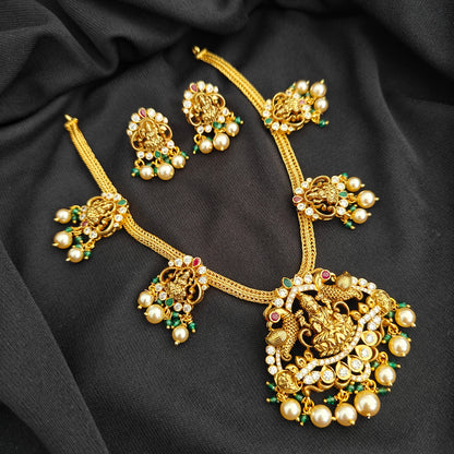 92.5 silver  pachi work Lakshmi Devi design necklace with earrings set-RCMB057