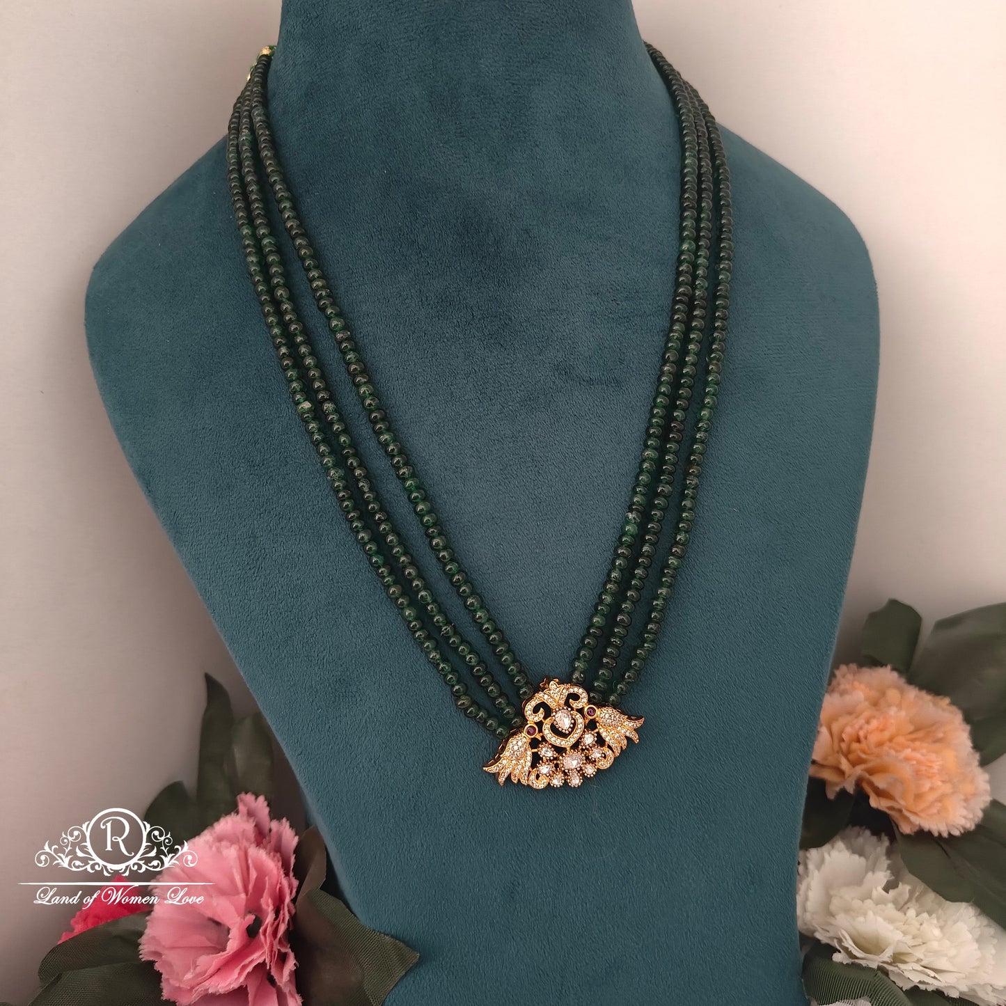 92.5 SILVER BIRD PENDANT GREEN BEADS MALA-RCH1058