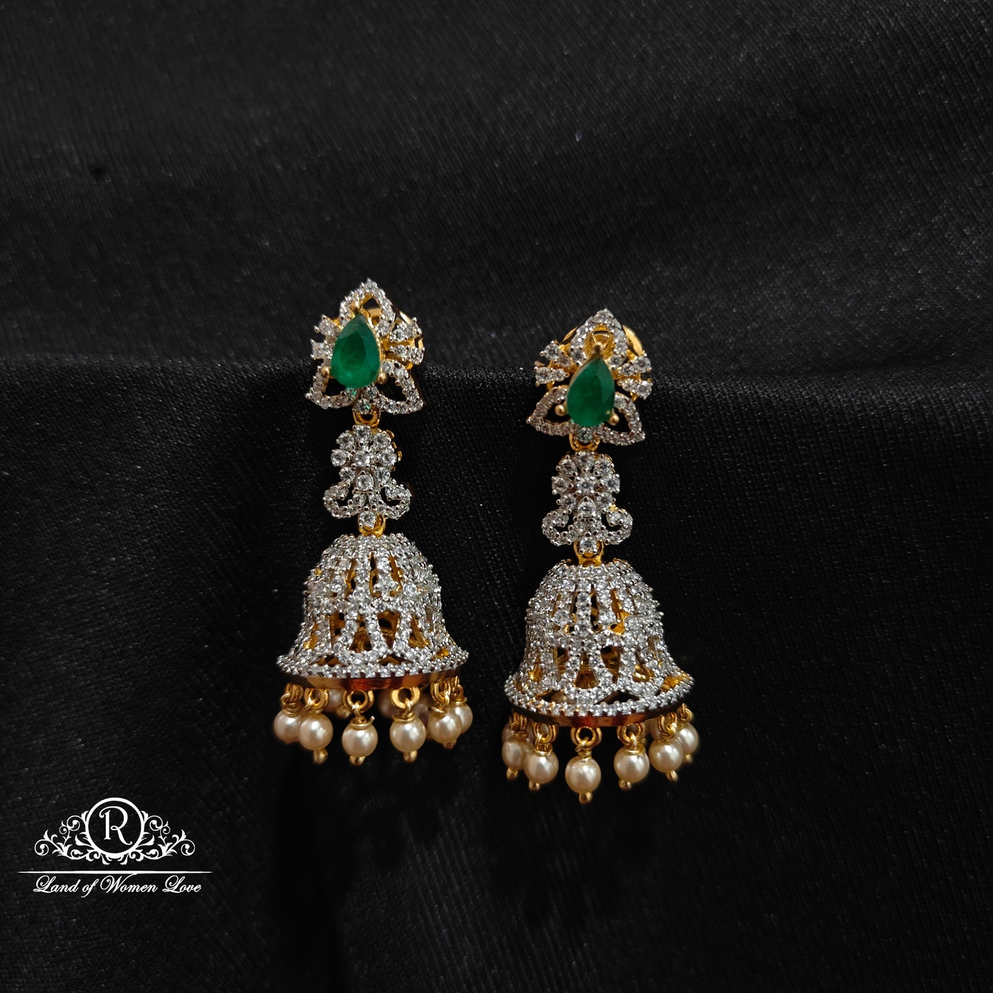 92.5  Silver diamond finishing jumkas with pearls hanging -RCM1604