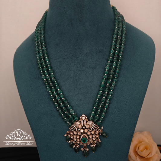 92.5 Silver Mossinate Peacock Pendant With Green Pumpkin Beads 3Lines  -RCH1218