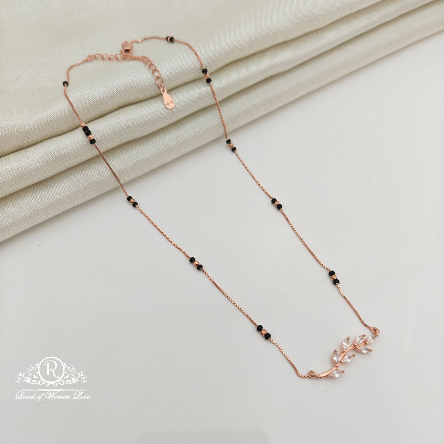 92.5 Silver Rose Gold Polish  Black Beads Chain-RCSS008