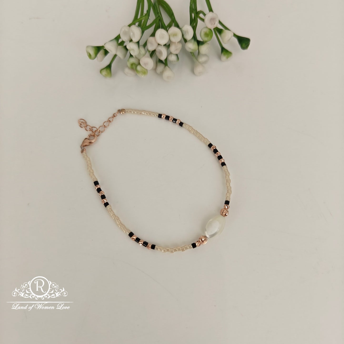 92.5 SILVER ROSE GOLD POLISH BLACK BEADS BRACELET-RCRB61