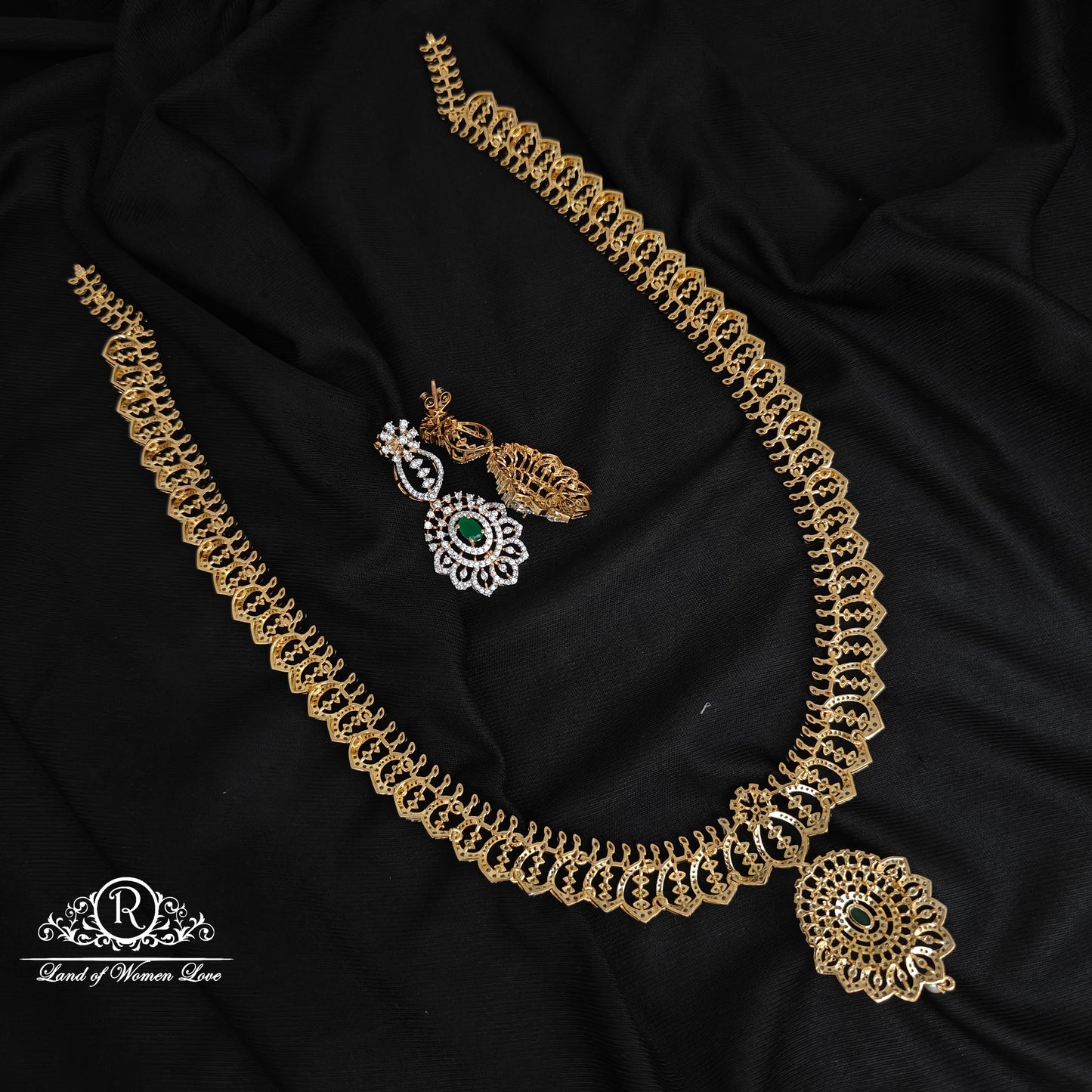 92.5-SILVER DIAMOND FINISHING HARAM WITH EARRINGS SETS-RCZ1085