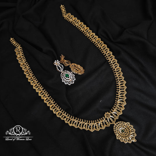 92.5-SILVER DIAMOND FINISHING HARAM WITH EARRINGS SETS-RCZ1085