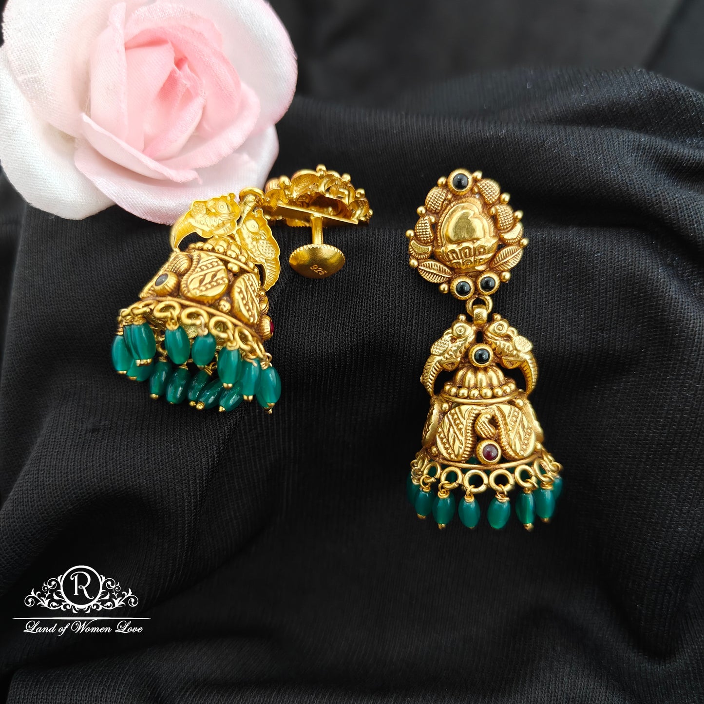 92.5  Silver  jumkas with green beads hanging -RCM1605