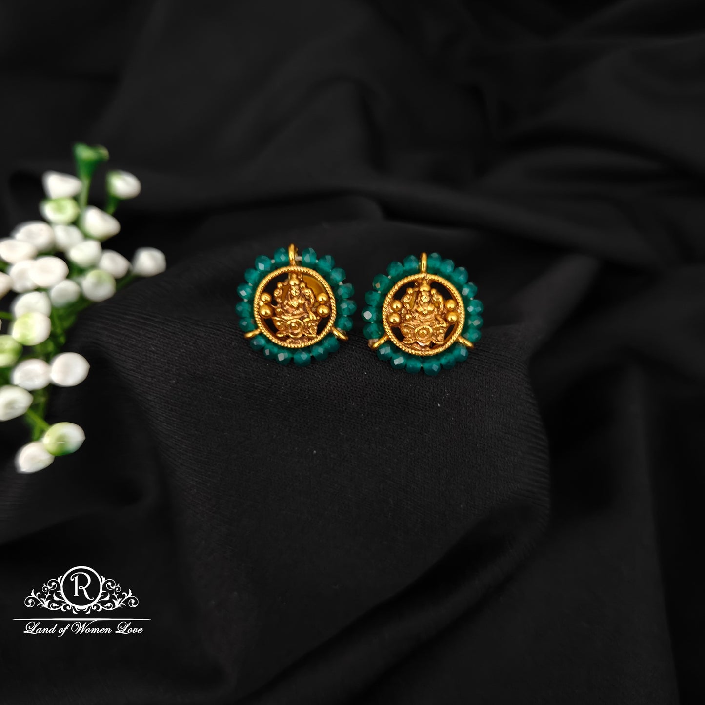 92.5 SILVER GREEN BEADS WITH LAKSHMI DEVI ROUND STUDS-RCJR1090