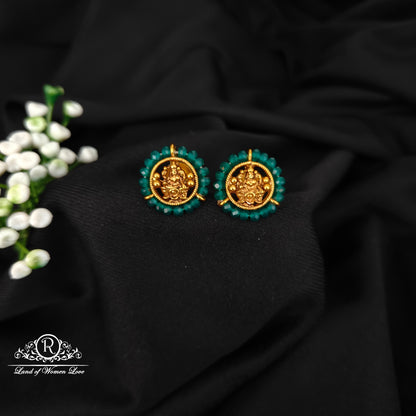 92.5 SILVER GREEN BEADS WITH LAKSHMI DEVI ROUND STUDS-RCJR1090