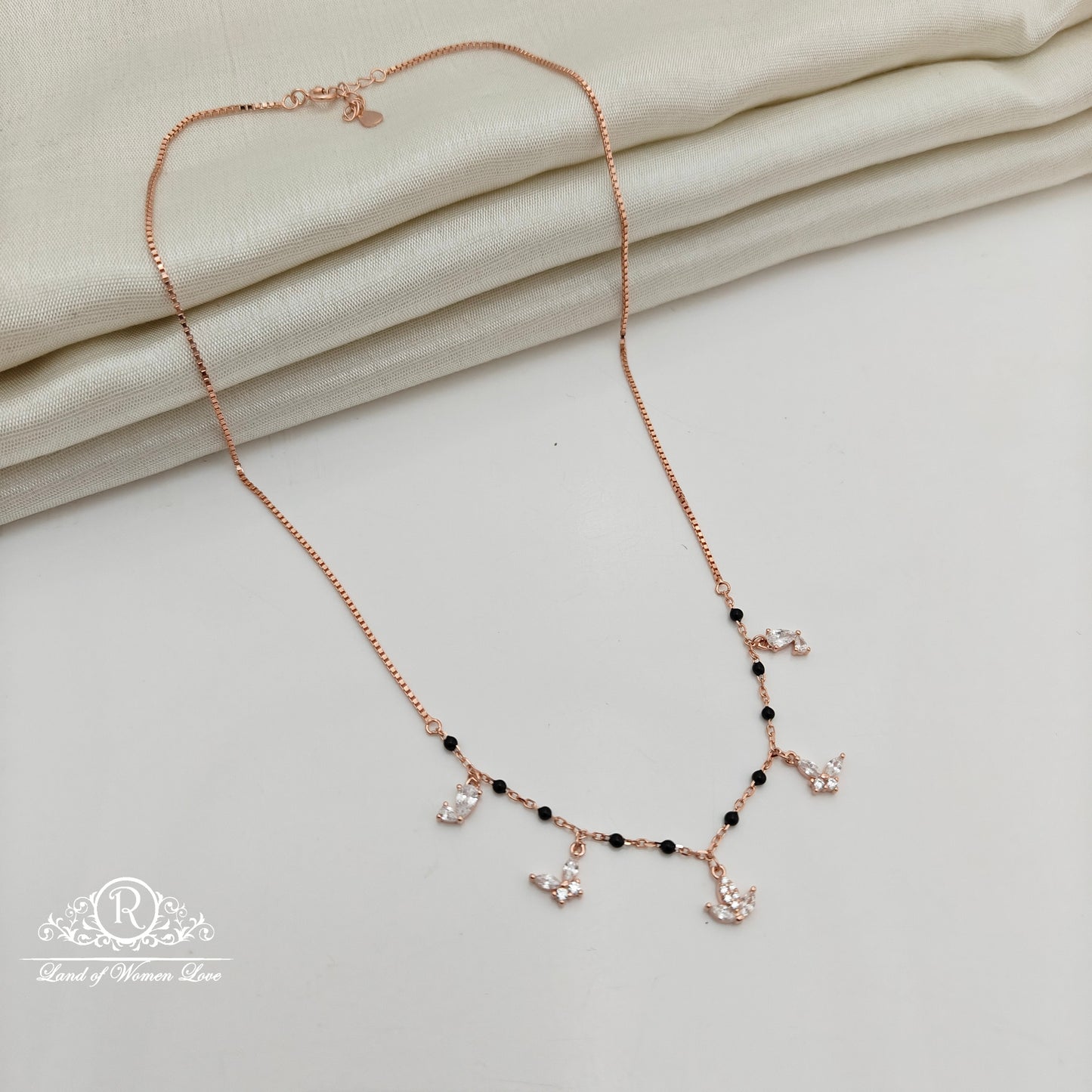 92.5 Silver Rose Gold Polish  Black Beads Chain With Earrings-RCSS010