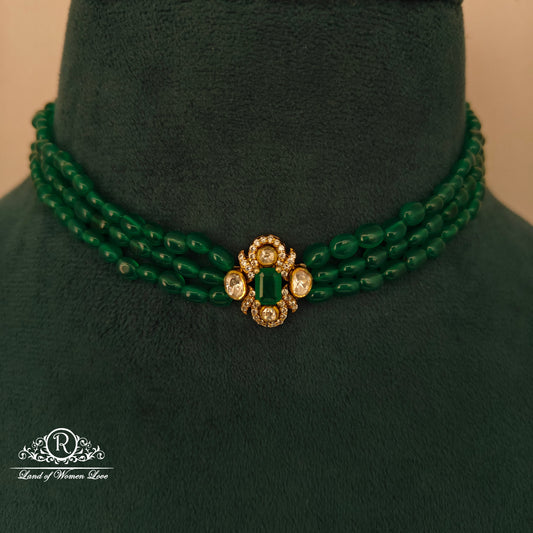 92.5 SILVER Emerald green beads with mossinate locket choker -RCH1247
