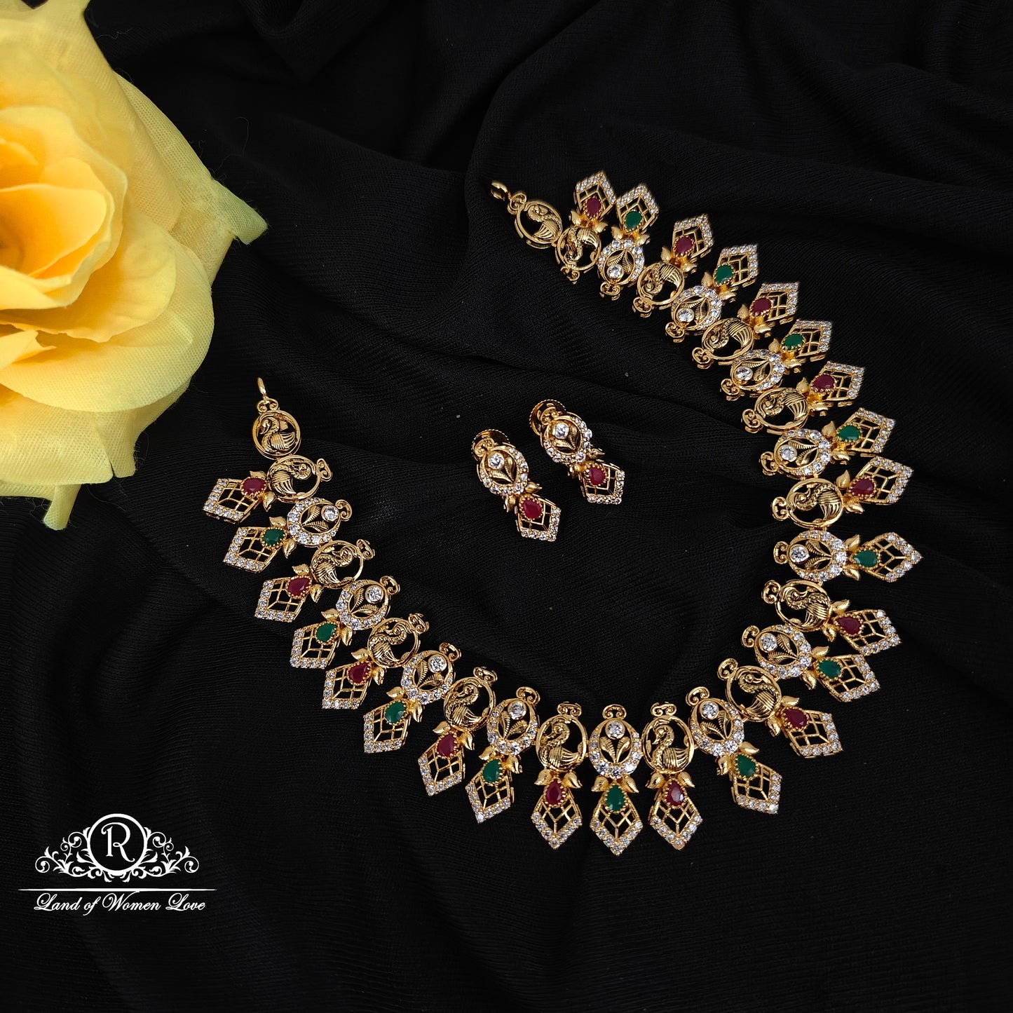 92.5 SILVER CZ PEACOCK DESGIN NECKLACE WITH EARRINGS SET-RCMB010