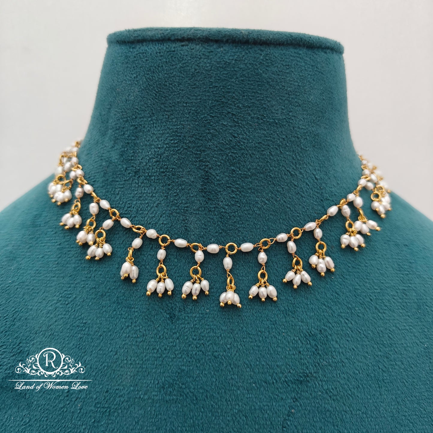92.5 Silver with gold polish Rice pearls necklace with earrings-RCH1273