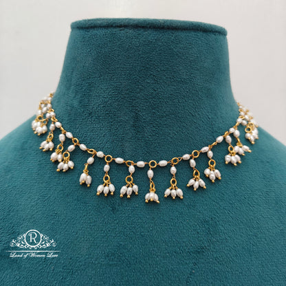 92.5 Silver with gold polish Rice pearls necklace with earrings-RCH1273