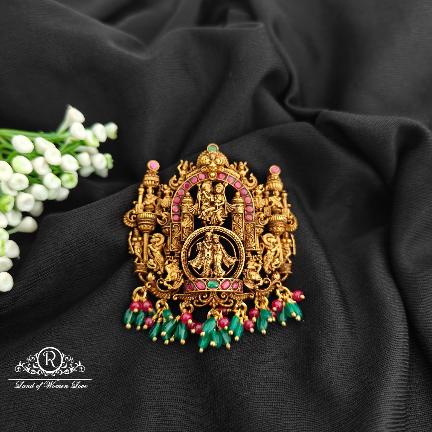 92.5 Silver Radhakrishnan design pendent with beads hangings-RCR106