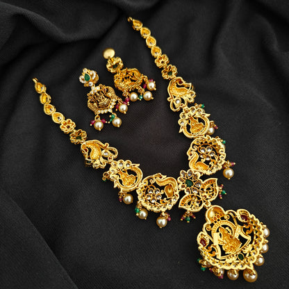 92.5 silver  pachi work peacock and Lakshmi Devi design necklace with earrings set-RCMB058