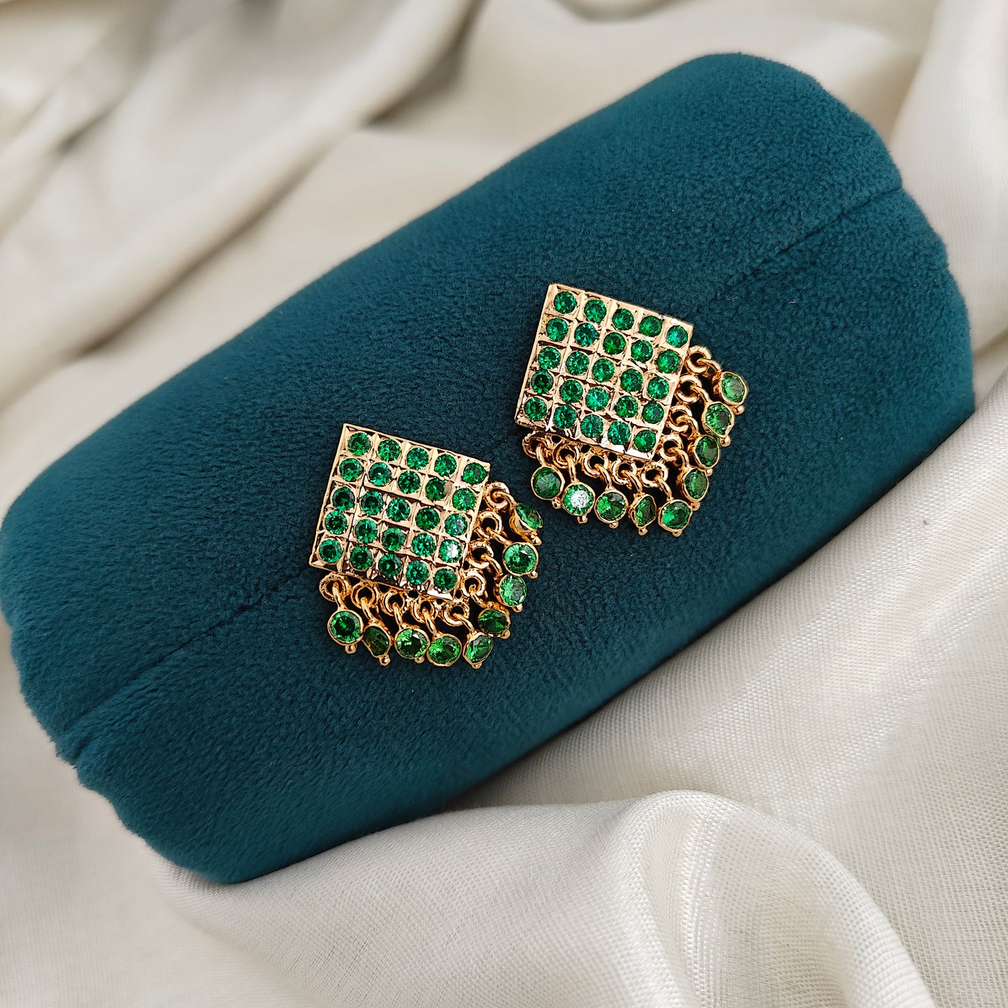 92.5 silver square design hand made jewellery and  green stones earrings -RCK344
